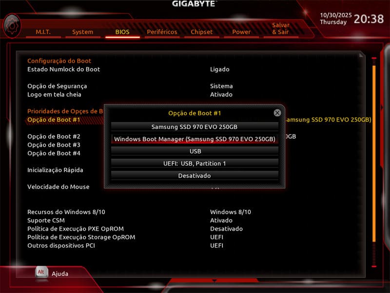 Exemplo de configuração da BIOS mostrando a prioridade de boot com o HD como primeira opção