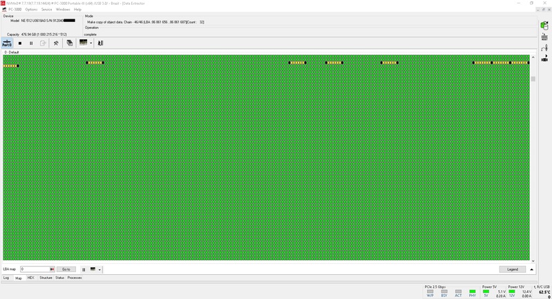 Mapa de leitura PC-3000 mostrando setores defeituosos