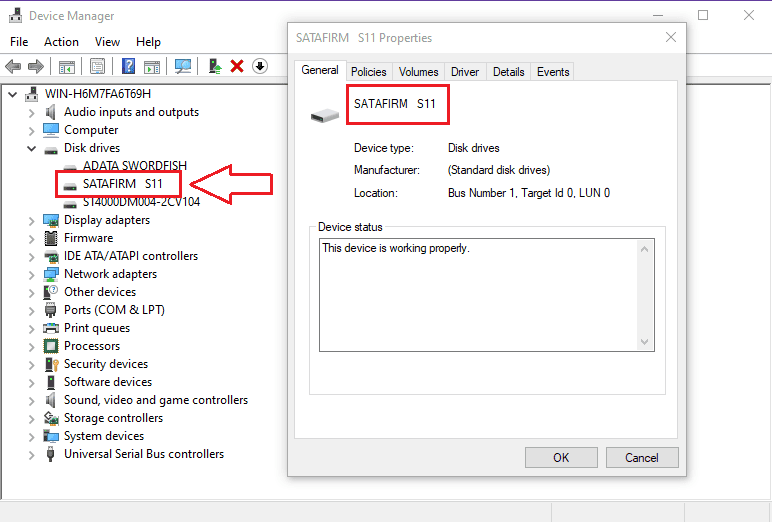SSD identificado como SATAFIRM S11 no Gestor de Dispositivos do Windows, indicando falha na inicialização do firmware e perda do reconhecimento do modelo original
