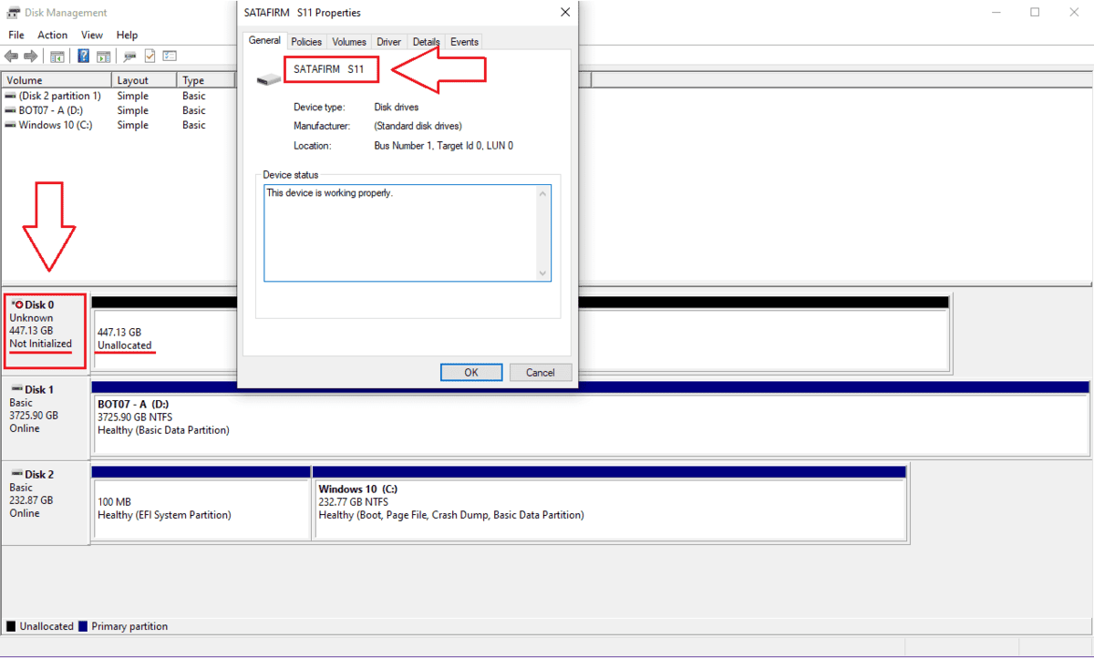 SSD identificado como SATAFIRM S11 na Gestão de Discos do Windows, indicando falha na inicialização do firmware e perda do reconhecimento do modelo original