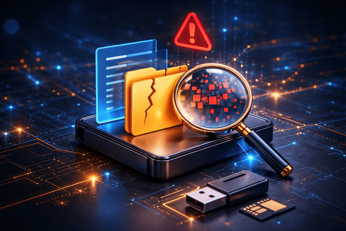 Dispositivo de armazenamento externo com arquivos corrompidos sendo analisados, representando falhas em exFAT e recuperação de dados