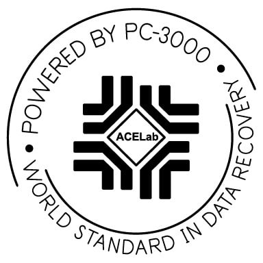 Selo PC-3000 ACE Lab padrão mundial utilizado em recuperação profissional de dados em discos rígidos e SSDs